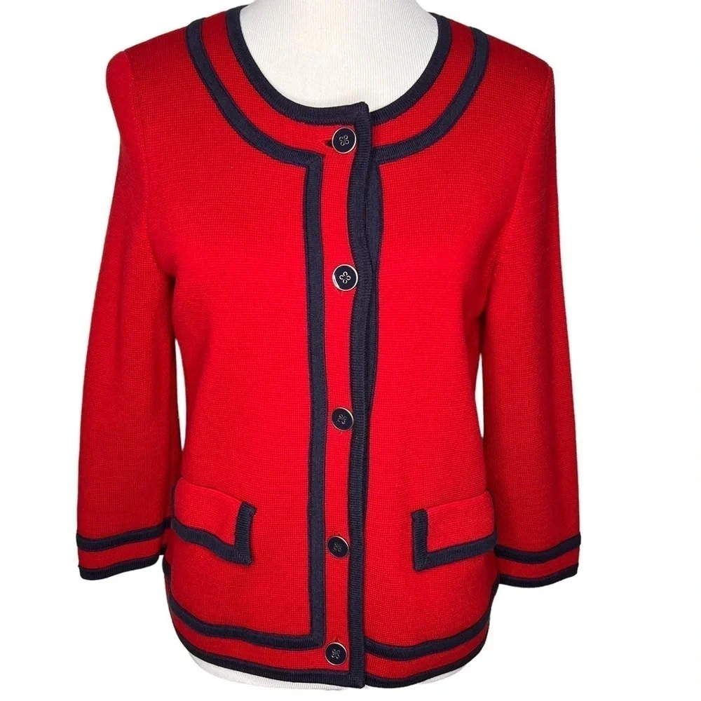 Talbots Cardigan Sweater Red Navy Trim 3/4 Sleeve Pockets Heavy Knit Size Med P - Picture 1 of 12